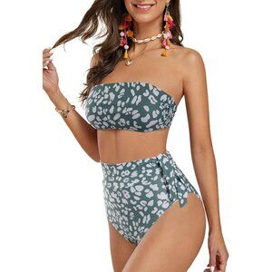 FERBIA High Waisted Animal Print Bikini Bandeau Strapless Bathing Suit Green XL